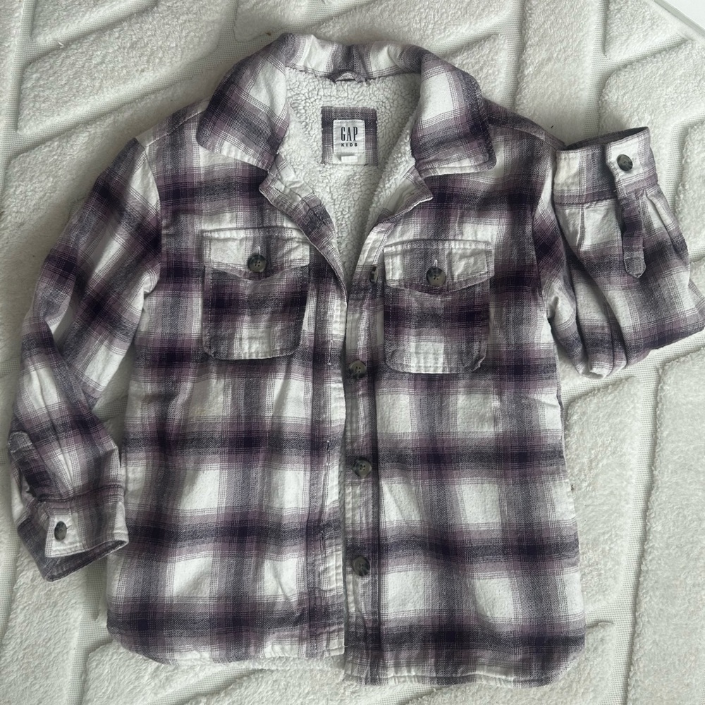GAP Girls Fleece Lined Purple and White Plaid Shacket